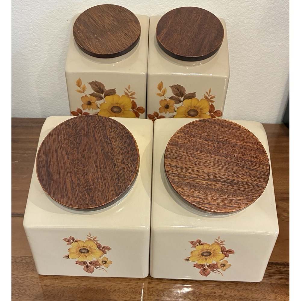 Vintage Hyalyn USA  Mid-Century Modern Wildflowers Canister Set of 4 Wooden Lids